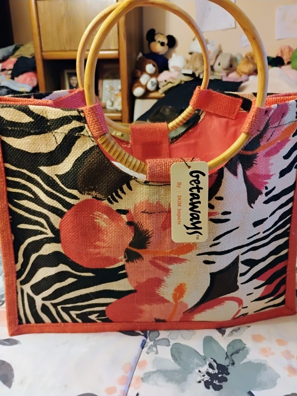Away Pink Floral and Zebra Print Tote with Bamboo Ring Handles